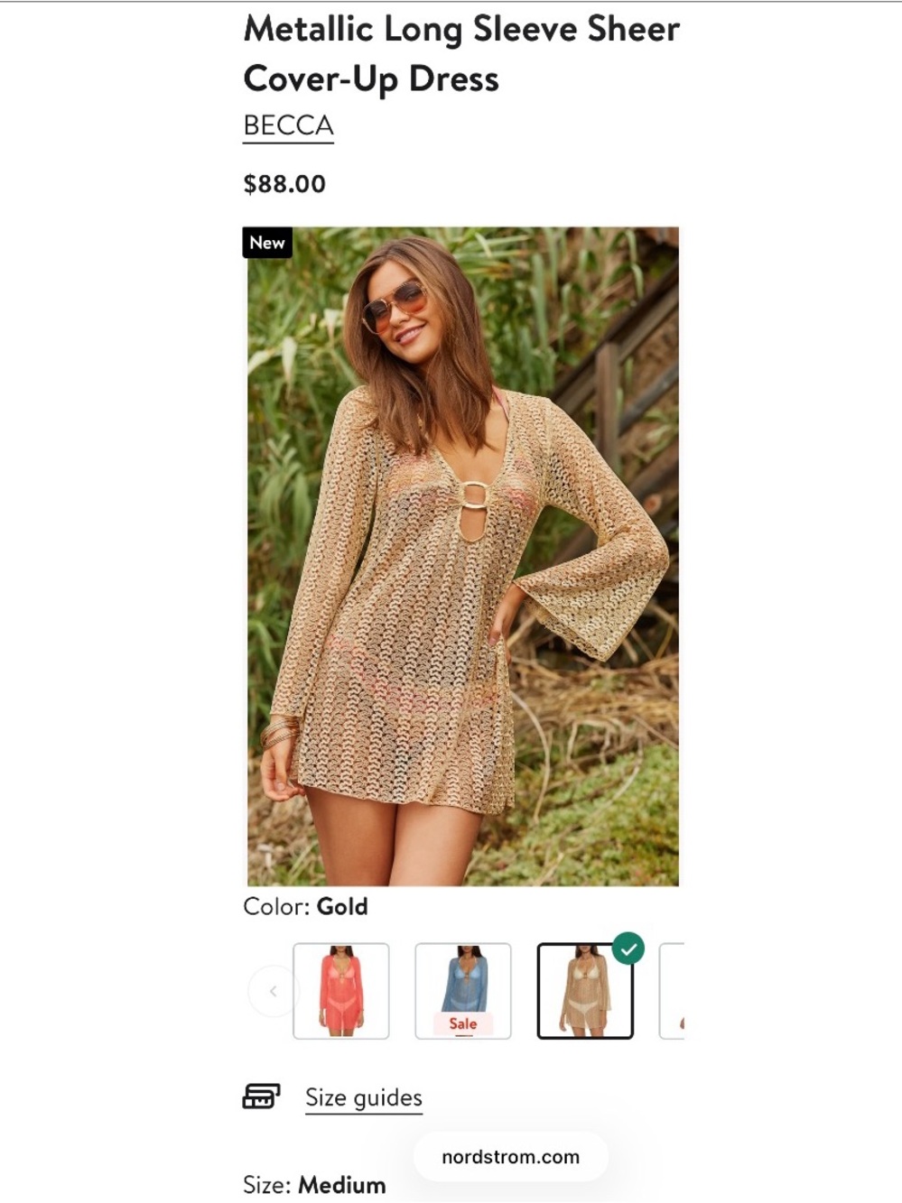 BECCA Sheer Metallic Cover Up Dress in Gold Size Medium